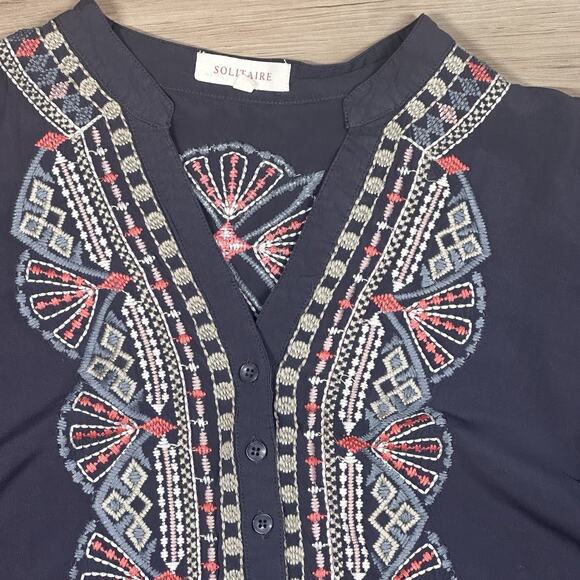 Solitaire‎ Tunic Long Roll Tab Sleeve Embroidery Trim Size Large Johnny Was Boho - Picture 4 of 8